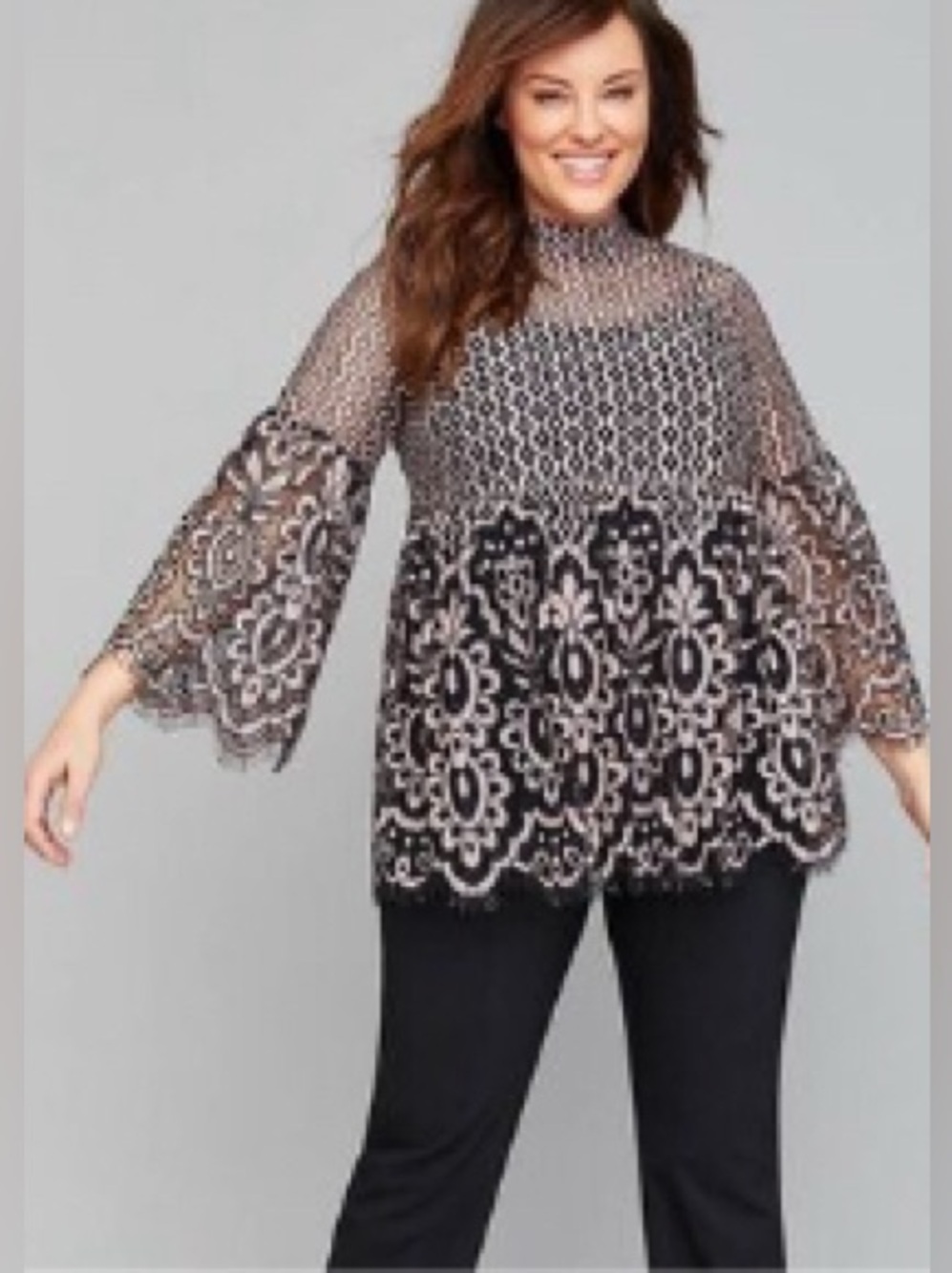 Lane Bryant Black and Cream Floral Lace Bell Sleeve Tunic